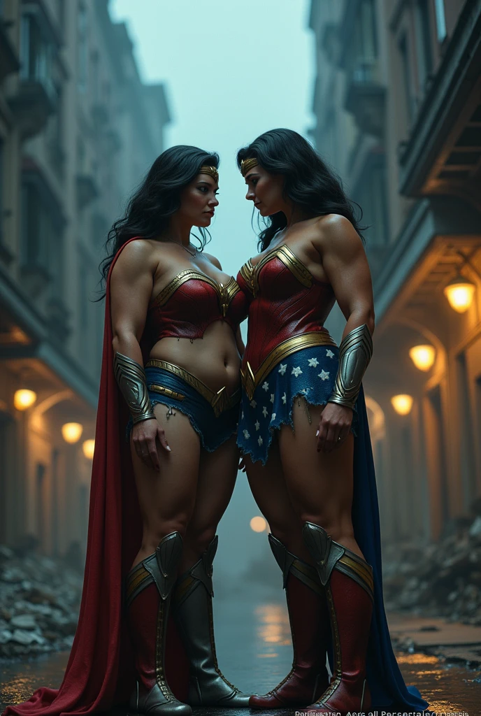 Realistic photo of wonderwoman, beautiful, sparkling eyes, hyper realistic skin, light rain, outdoors, very detailed complexity, big breasts, big ass, torn clothes so her nipples are visible, torn skirts showing her pussy, 8D, 8K, DC CINEMATIC