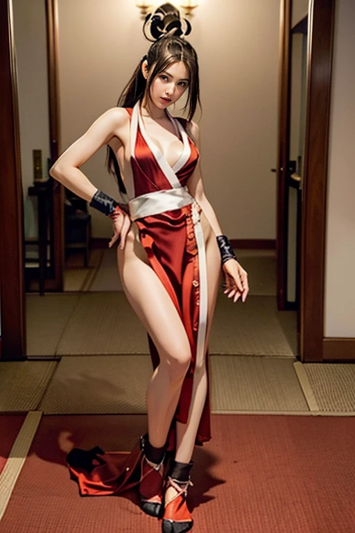 (mai shiranui:1.6), (tabi:2.0), (toe:1.2), (Full body portrait:2.0), Full body, (Realism), (masutepiece:2.0), (Best Quality), (ultra-detailliert), (8K, 4K, Convoluted), (Flat Lighting:1.2), (skinny), Prestige, Brown eyes, Long hair, brown eyes, long hair, brown hair, white ribbon, sleeveless, ponytail, sash, pelvic curtain, arm guards, gloves, tabi, fascinated expression, Sexy eyes, slim, medium breasts, Smile, Cute, view the viewer, Long hair, Close to Japan temple, (breasts focus:1.2), (Realistic:1.2), (Full Shot: 1.2), (85 mm), light Particle, Lighting, (Highly detailed:1.2), (Detailed face:1.2), (gradients), SFV, Colorful, (Detailed eyes:1.2), (Detailed temples of Japan: 1.2),(Detailed background), (Dynamic Angle:1.2), (Dynamic Pose:1.2), (Line of action:1.2), Wide Shot, Daylight, Solo.