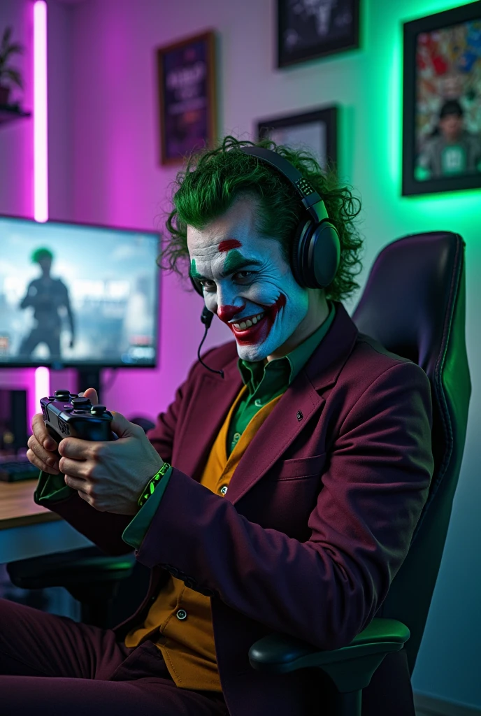 Joker sitting and laughing looking at the monitor of a gaming PC
