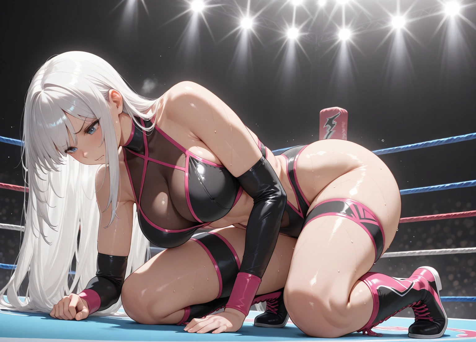 highly detailed 8k, beautiful girl focus, torn erotic costume, trembling, forced orgasm, attacked by ugly man, public indecency, wrestling ring,