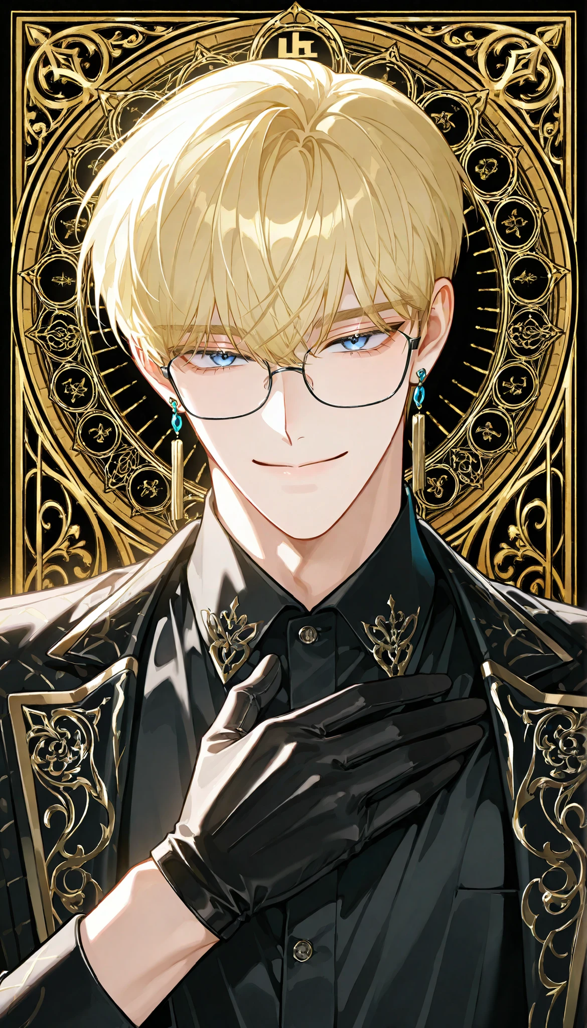 4k , 8k, ((1 adult male short comma blonde hair with blue eyes)) , short hair style , novel , manhwa , handsome man , very details , hair details , very anime eyes details , ตรงตามกายวิภาคมนุษย์ ,ร่างกายสมส่วน , anime eyes , half body focus , good figured , with black dress shirt some earrings , library background , Facing straight , ((he is 45 years old)) , medium shot , smile , only 1 male, gloves, glasses