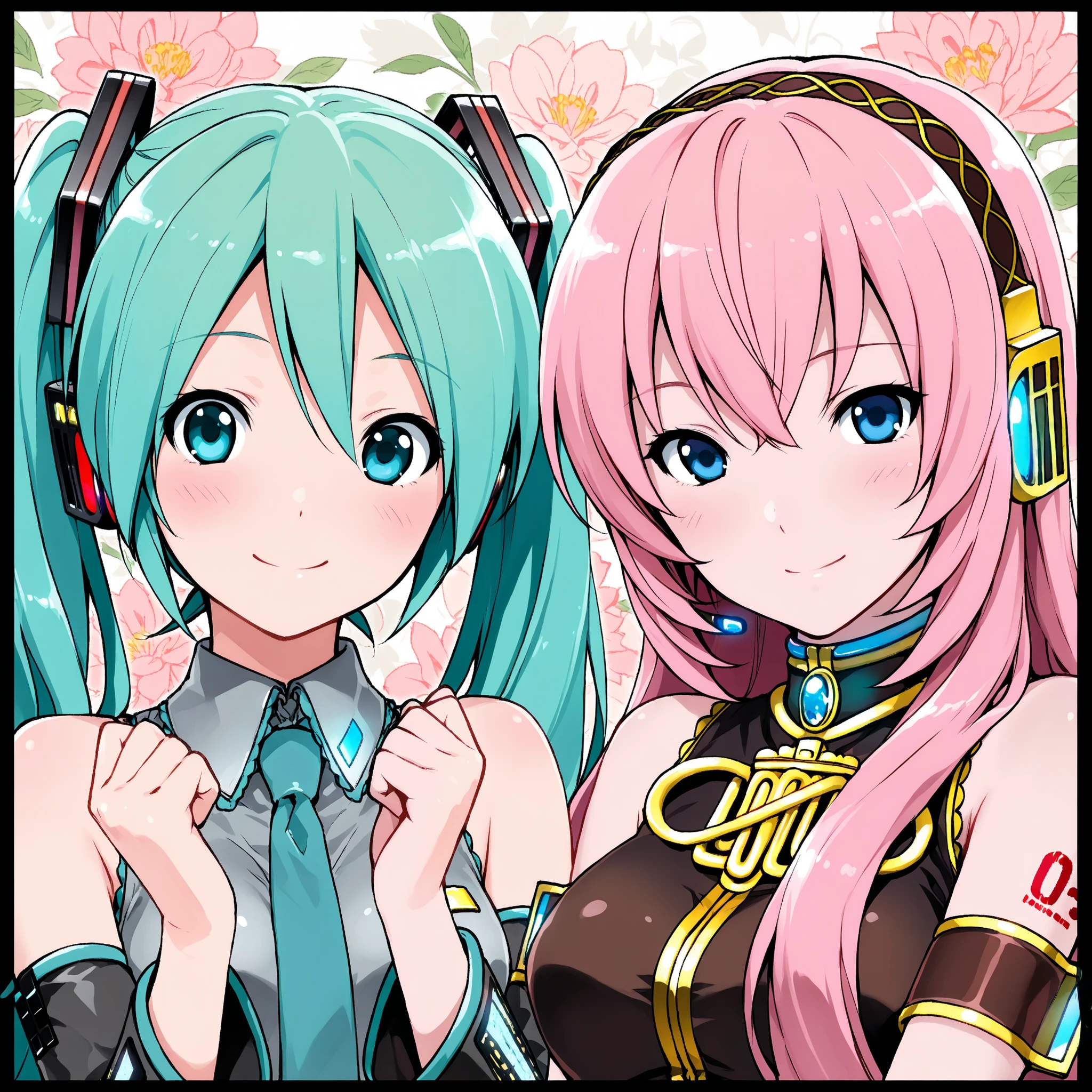 Megurine Luka,hatsune miku,high resolution, long hair, turn your gaze, blushes, smiles, top quality, headphones, floral background