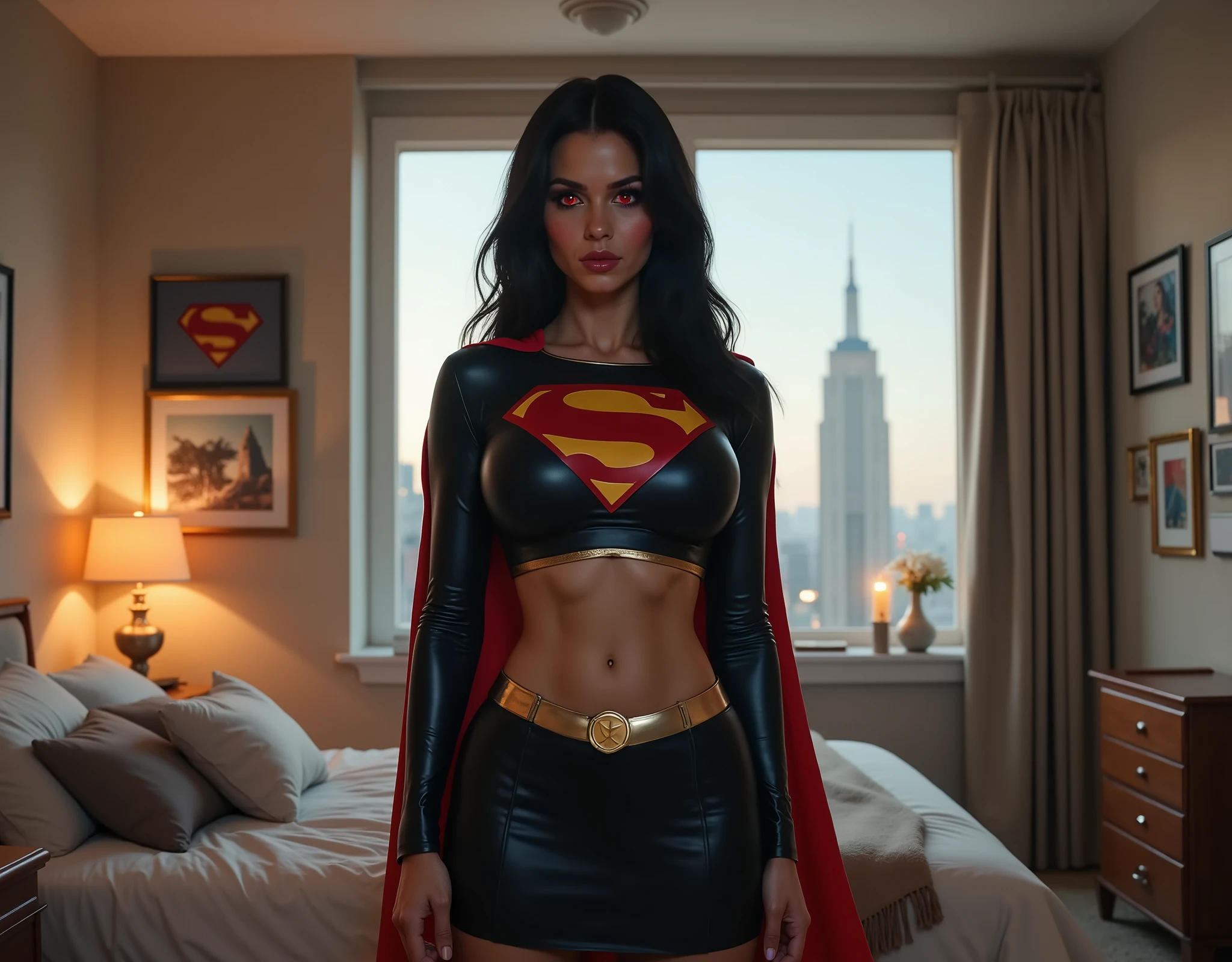 A high-quality 8K digital photo captured with an intricate mirrorless camera setup. A striking young woman with long, black hair, glowing red eyes, stands in a softly lit, modern bedroom. She’s dressed in a sleek, 1980s Supergirl costume — a leather black and silver ensemble featuring a long-sleeve black crop top with a silver "S" emblem, a matching black skirt, a silver belt, and a dramatic, a long flowing black cape.
She stands with a confident smirk, preparing for a night out. The room around her has warm lighting and a cozy aesthetic — subtle superhero memorabilia, soft glowing candles, and a view of the softly blurred cityscape through a window.
The scene is photographed with a cinematic eye — shallow depth of field, realistic lighting, soft lens flares, and high-resolution detail throughout.