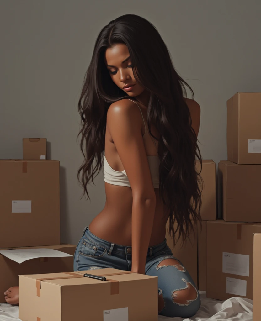 Imagine a beautiful young adult European woman with brown hair...., Beautiful and realistic face, in sensual underwear , big breasts, to show their feet, Emotionless and blushing face, with a gift bow on her head, In the distance, a large open cardboard box with polystyrene., in a room, realistic feet, whole body, opening your legs, Downward Facing Dog Pose, Wide hips, big butt, realistic hands,Close-up of the body, oblique, Ultra realistic and high quality image