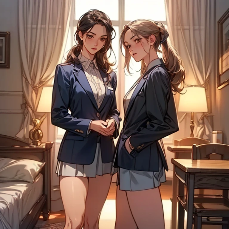 Romance students, two girls students in school uniform, lesbian couple, tall and thin, beautiful, alumnaxalumna, classmates