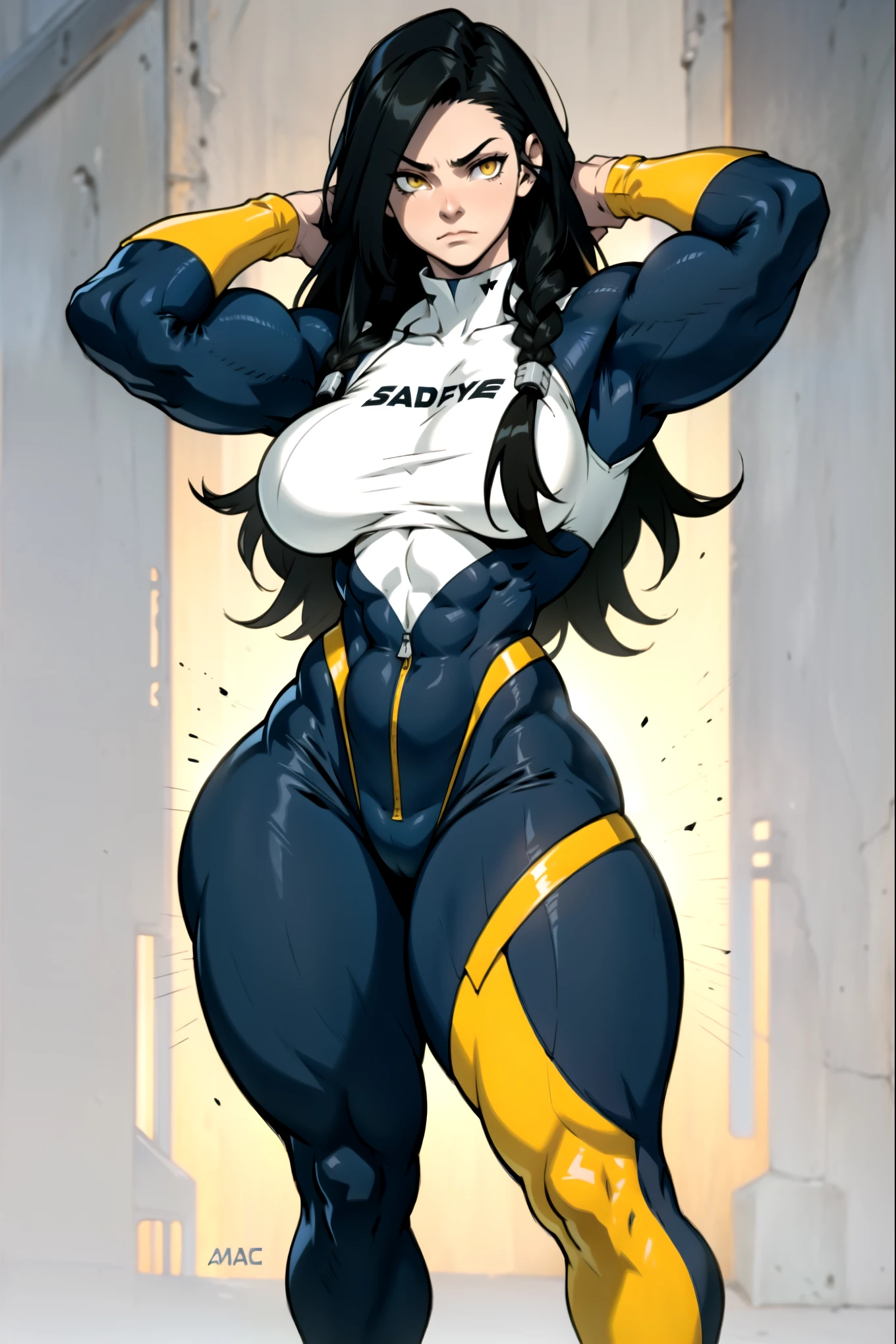 ((((muscular 1girl)))) ((((thick toned body breasts)))) black hair yellow eyes very long hair sad skinsuit