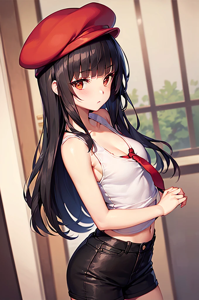 (masterpiece), best quality, expressive eyes, perfect face, a man get transformed into a MILF, solo, surpriced, blushed, black hair, long hair, red baseball cap, brown eyes, (full body), naked, ecchi, nsfw