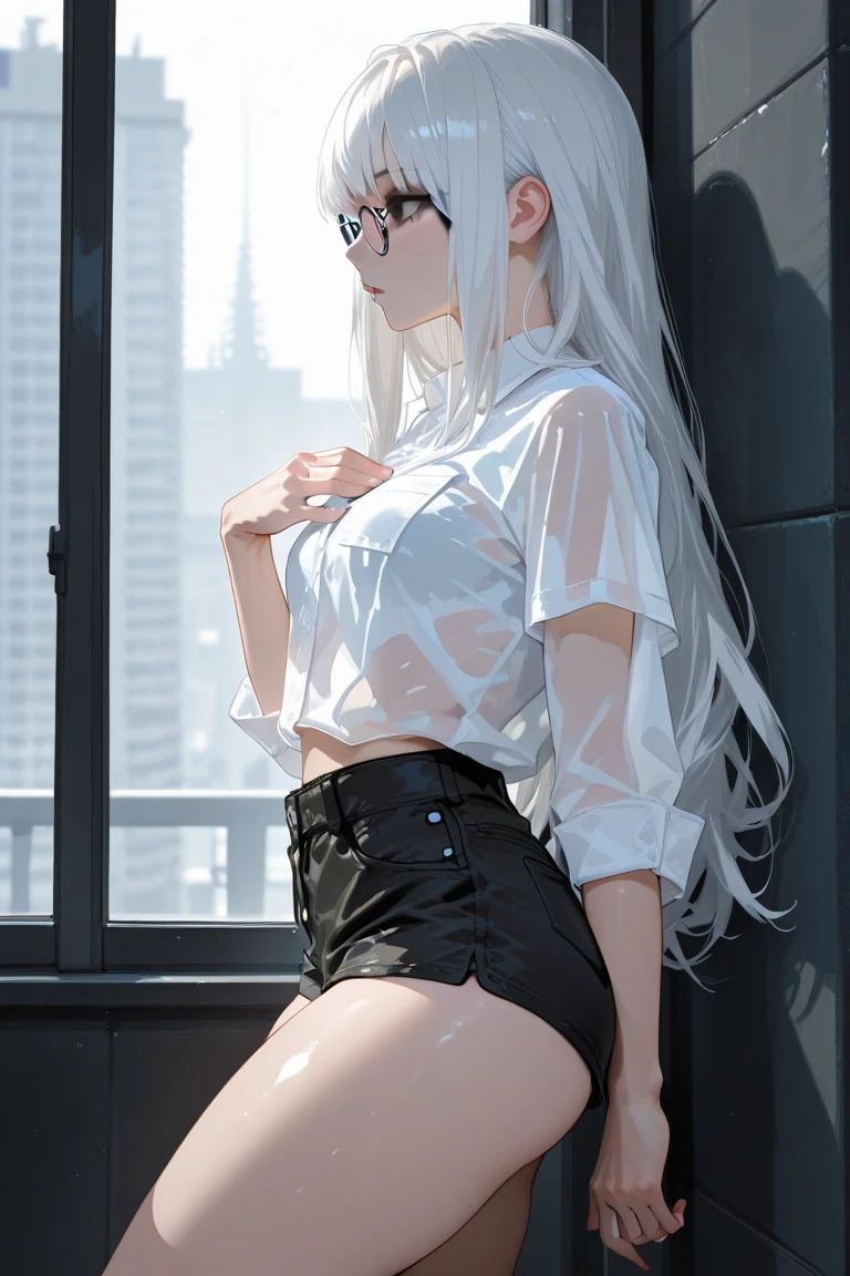 (best quality, 32k, RAW photo, incredibly absurdres, extremely detailed), anime, illustration, intelligent beauty, glasses, laugh like a prankster, happy, shy, white glossy flowing layered iridescent medium hair, forehead, blue sparkling big eyes, full makeup, red alluring moist big thick lips, amorous expression, lewd expression, (white shirt, black miniskirt, black knee high socks, thighs:1.4), skirt lift, huge breasts, slender, perfect proportion, (delicate, flashy and dynamic depiction), professional lighting