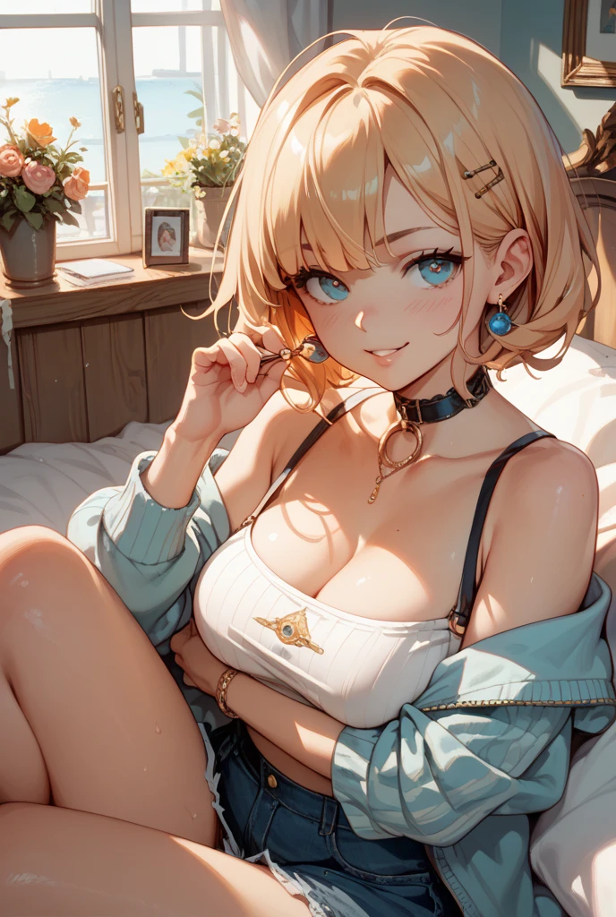 nordic young woman, cute face, seductive, perfect breasts, best quality, masterpiece, golden jewelry, white and golden clothes, (golden clothes:1), (white clothes:1.3), golden ornaments, shiny silk, golden stripes clothes, detailed textures, open suit, open jacket, open coat, nude jacket, naked jacket, off shoulder, bare shoulder, perfect shoulder, detailed collarbone, perfect collarbone, bare neck, exposed belly, exposed waist, exposed hips, posing, casual pose, [blush], aesthetic, intricate, caustics, light rays, sunlight, (((soft lips))), (((glossy lips))), highly detailed, (semi-realistic:1.2), niloudef, detailed iris, sparkle eyes, star in eyes, enchanting blue eyes, (multicolored eyes), (shining dust), (heterochromia), (golden hair:1.3), (messy hair:1.3), (hair between eyes), (hair over one eye), (wavy hair:1.1), perfect hands, perfect fingers, perfect arms
