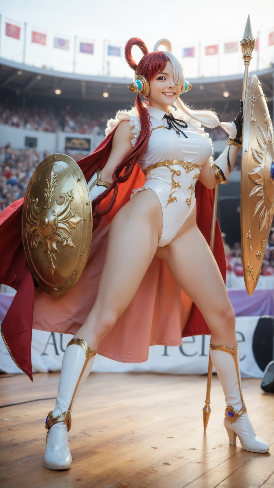 best quality, masterpiece, 1girl, aauta, long hair, split-color hair, hair rings, twintails, crown, headphones, hair over one eye, one eye covered, purple eyes, breasts, fur trim, red cape, gold armor, white leotard, gauntlets, collared leotard, center frills, leg armor, standing, outdoors, holding weapon, lance, shield, full body, white footwear, shoes, fighting stance, grin, stage, asian, cute, beautiful, (21 years old)