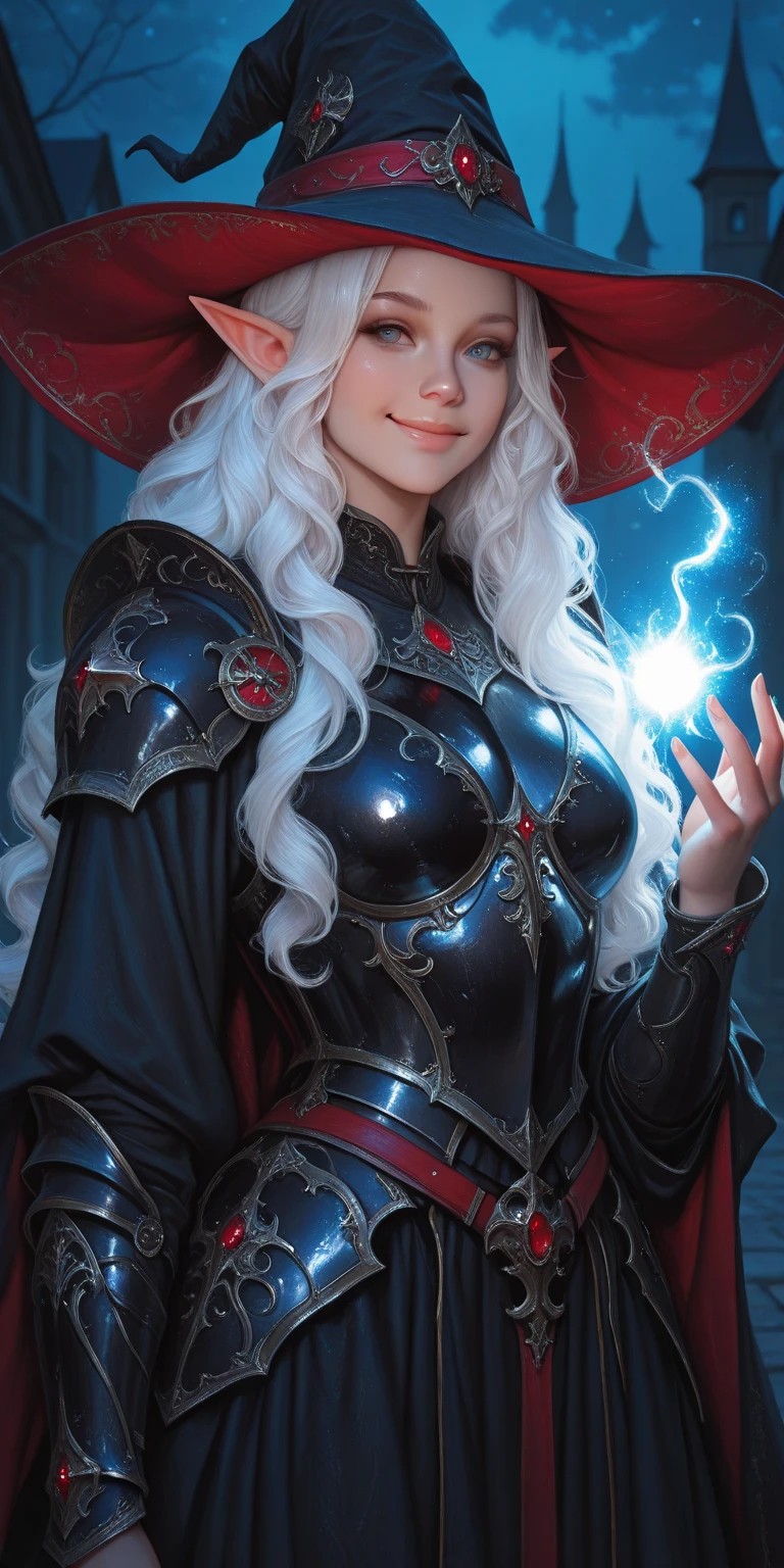 Woman, longhair, wavy hair, white color hair, witch hat, elf clothes, black dress, smile, armored, shiny armor, black armor, hd quality, UHD, ultra realistic, 8K, more texture, more details, night, luminence, casting magic, bright magic, red cirle magic, dr strange magic lookalike