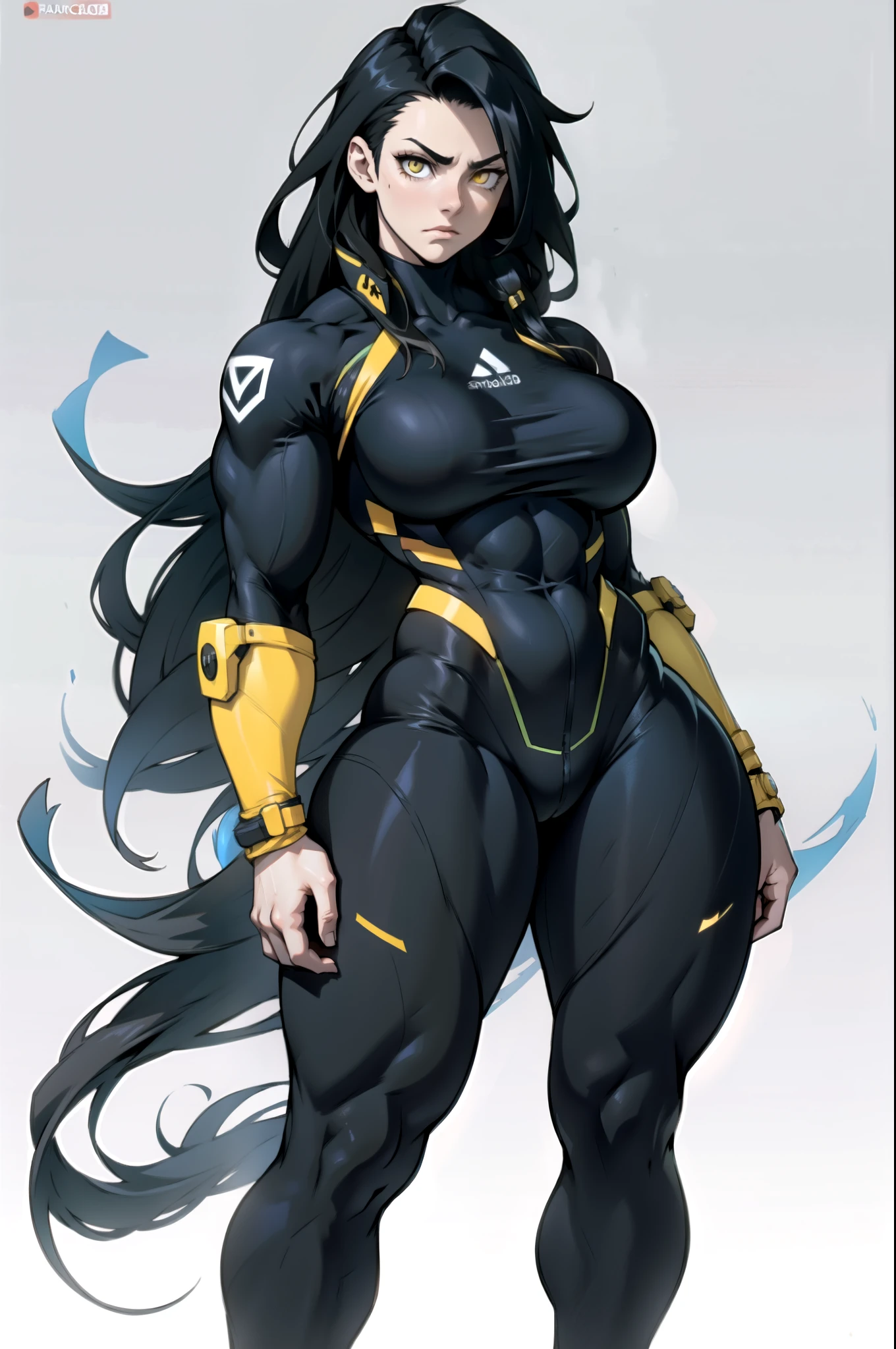 grey background, solo, 1 girl, bodysuit, very long hair, black hair, angry, yellow eyes, ((((muscular)))), ((huge tits)), (thick thighs)), ((wide hips)), (full body), pale skin