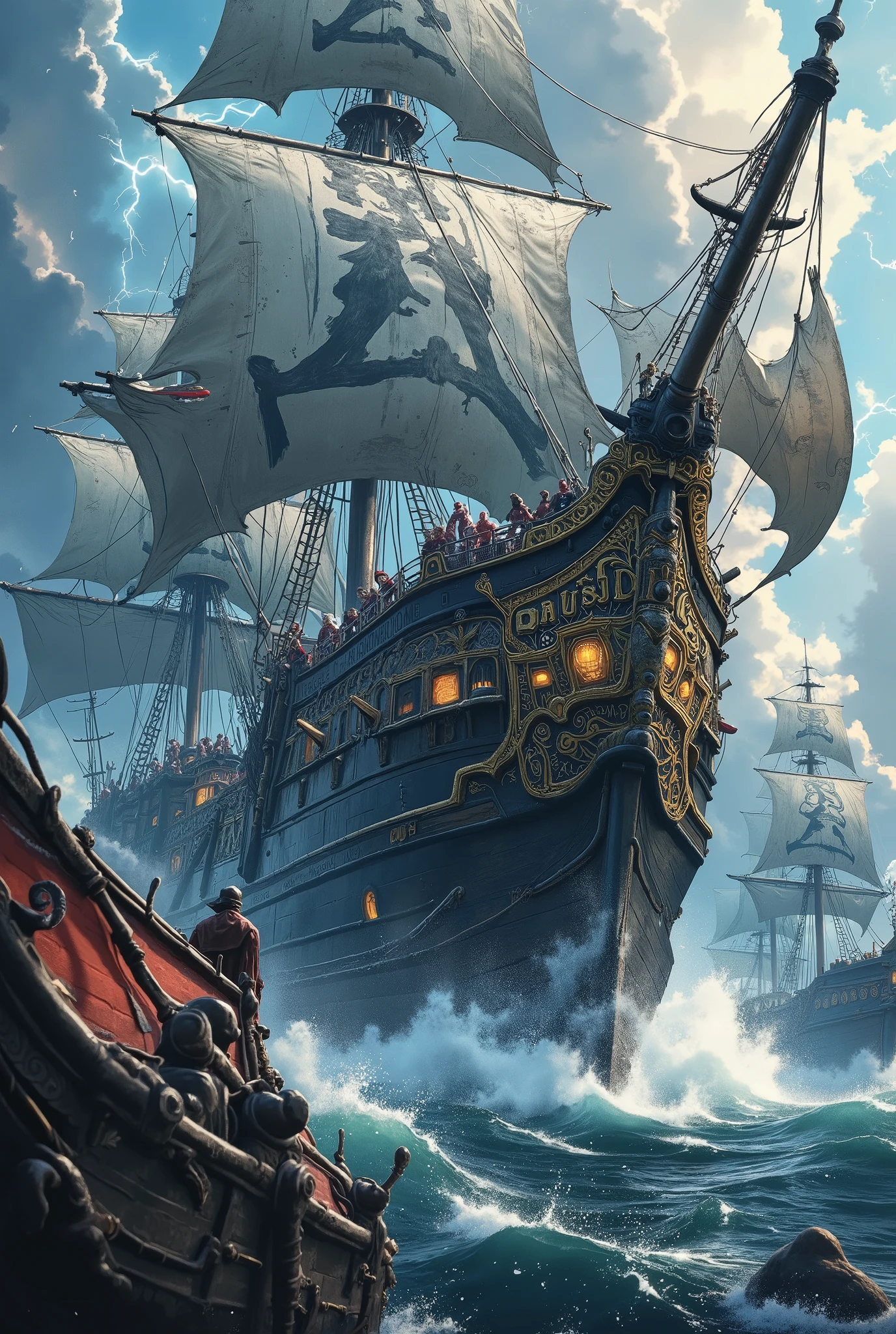 ((Create the image of a "big pirate ship" and a Large Spanish Ship facing a terrible and colossal storm, both shooting one at the other side by side vertically "Details: the two ships are side by side shooting a shooting signal on both sides" , a devastating scenario of the action of Nature against a magnificent vessel in detail on the ship's hull Inca scriptures ,Aztecs and Maia the red bow wood the rest of the ship's hull matte black , The Ship is huge enough to clearly see the two waves of cannons aboard ,details on the strings attached to the mast ,pirates working to collect the sails in an attempt to prevent the ship from sinking, "details in the storm, dark clouds, many lightning rays that touch intensely on the ship's hull and on each crew member of the Ship , Viewing angle from bottom to top 30 Degrees position of the Sea and the Horizontal Storm , ship Vertical position as a movement from right to left due to the  of the very rough sea the waves crashing in the case of the Ship, "I don't want any other position, just the positions and details I passed above" All the information reported and written above are unchanged ))