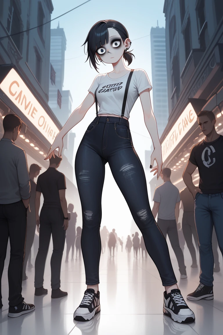 Stomp on a car、The background is a town、A giant girl in the town、Long legs、Sexy figure、The building is shorter than her.、Wearing long boots、Oversized T-shirt、Erotic、