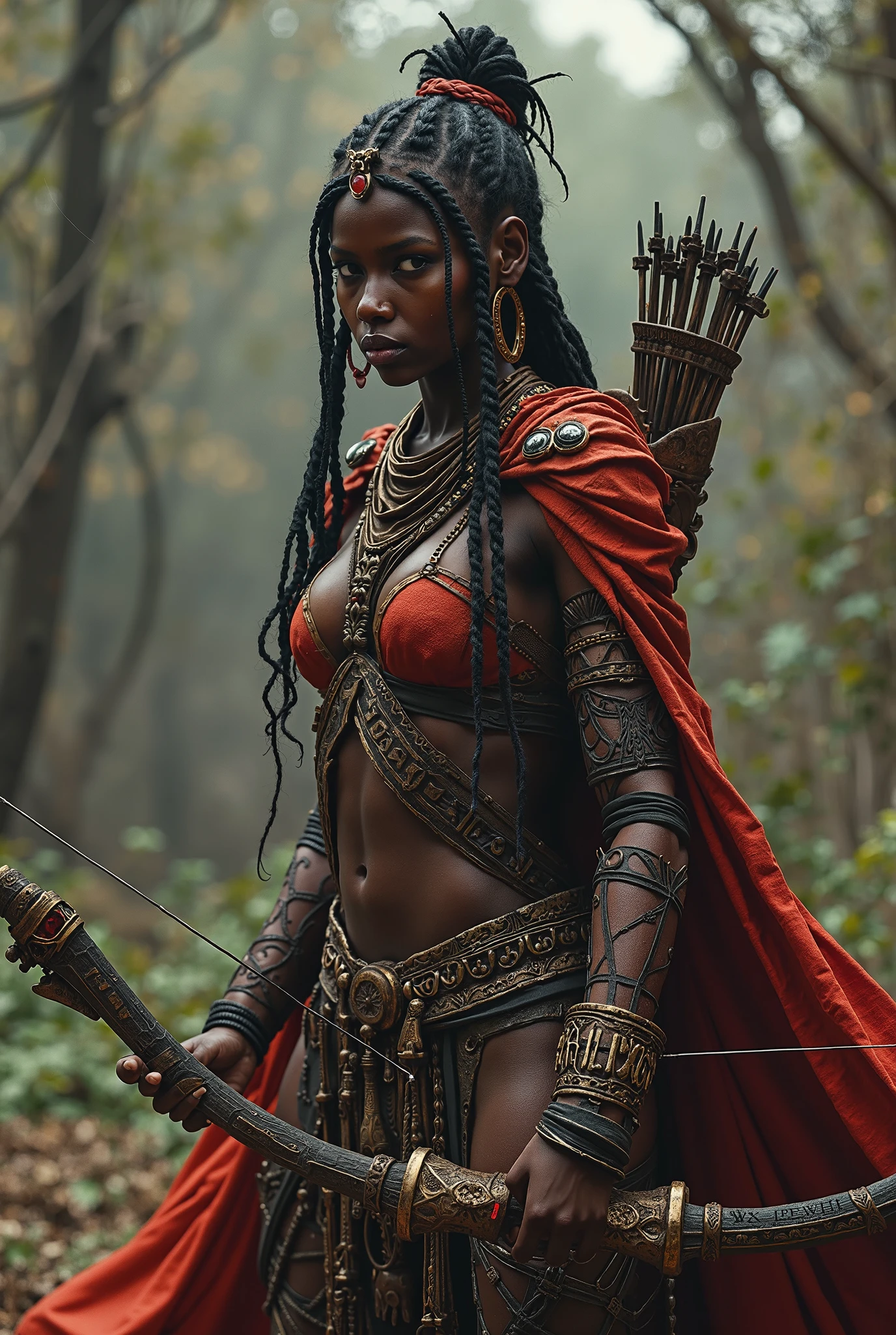 Realistic photograph in 4K, whole glass of very dark natural skin, curly dread hair, African woman with open arm with sword in hand and in the other artifact made with the big buffalo tail, red hooded cape on the head dark and dark calligraphy, dark skin African goddess of war, open arm, beautiful warrior, like a mystical valkyrie, Orisha Oyá, buffalo horn artifact hanging with rope at the waist, hooded dark and gloomy calligraphy, paladin costume woman flowing red dress calligraphy, warrior woman, northern adult warrior woman, with 35 years, facial tattoo African calligraphy, valkyrie style character with red calligraphy dress --auto --s2