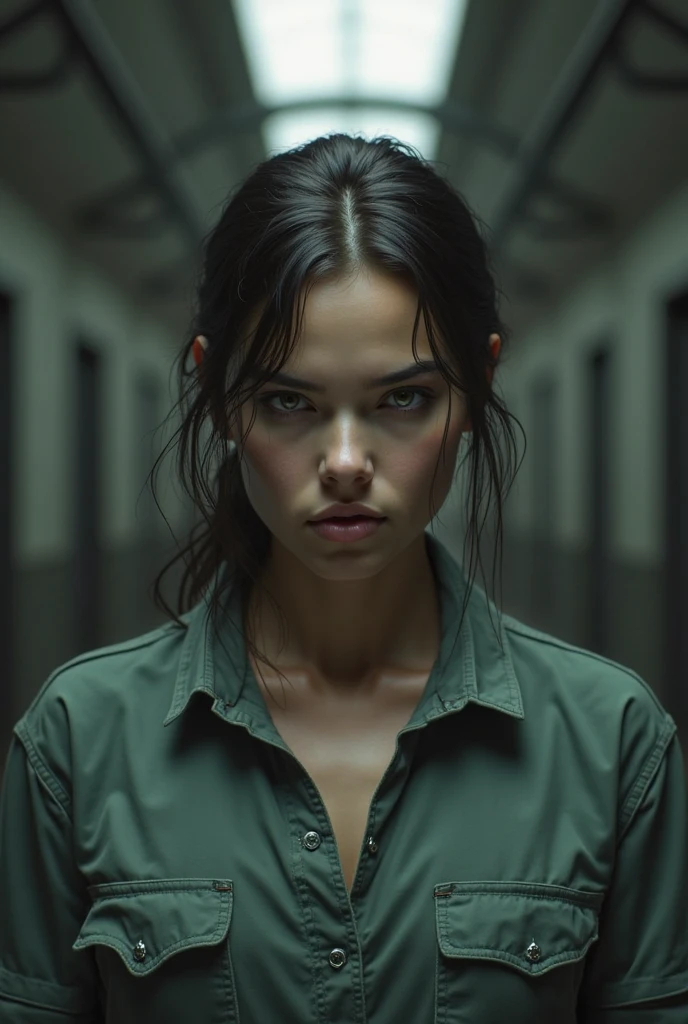Girl wears open combenison, Chernobyl exclusion zone, S.T.A.L.K.E.R, purple hair, green eyes, scar above her left eyebrow, unarmed, scared.
