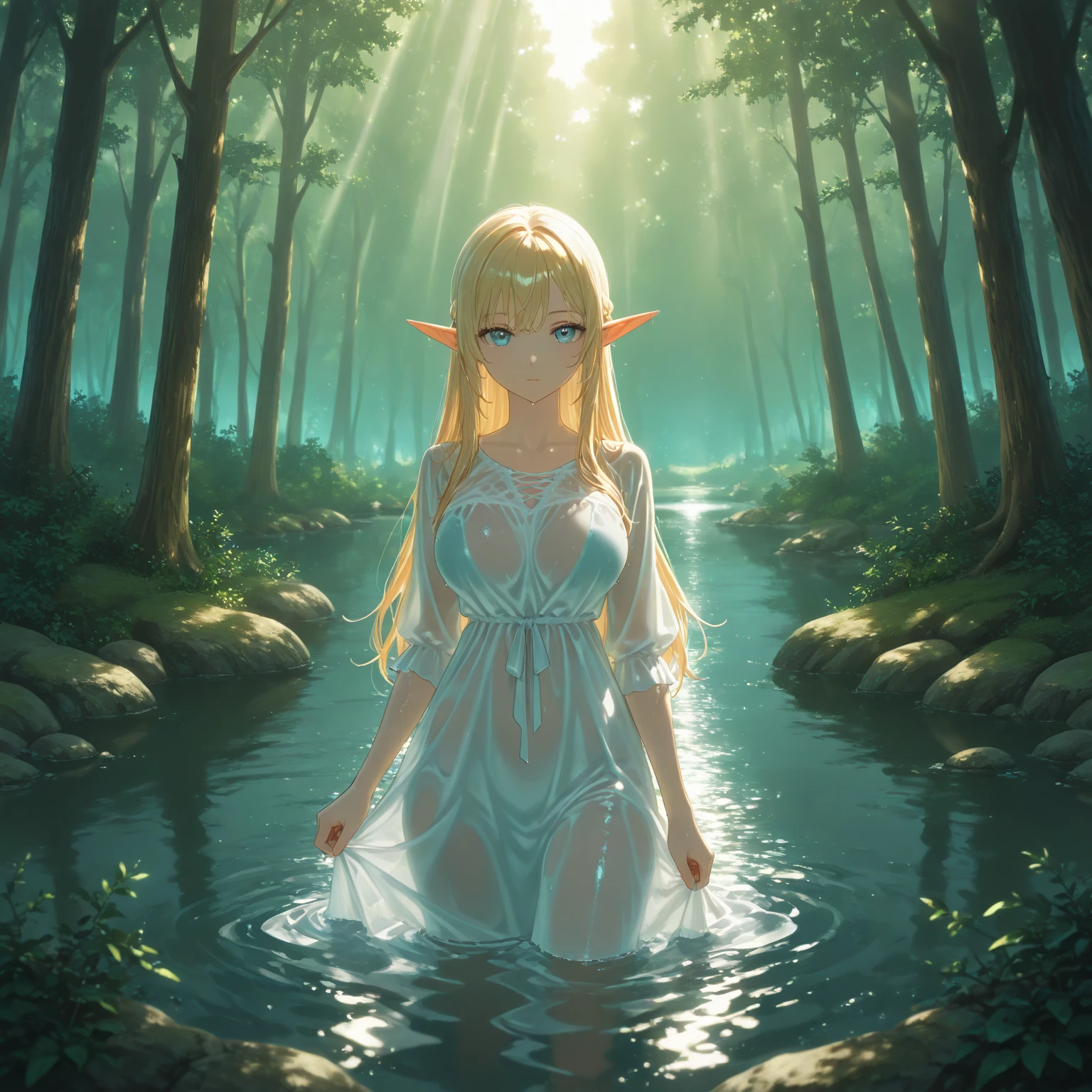 1 beautiful girl, standing in water, sheer clothing, white dress, night scene, forest, fireflies, full moon, pointed ears, necklace, beautiful scene, magical scene, fantasy, masterpiece, high quality