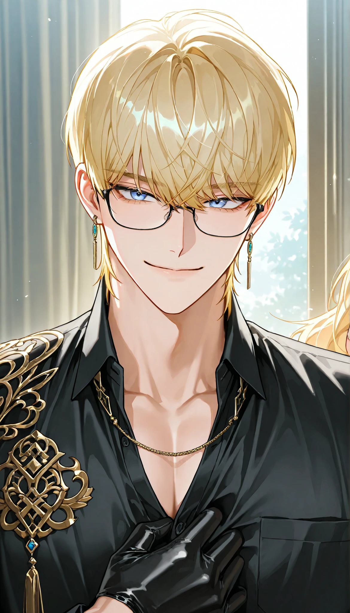 4k , 8k, ((1 adult male, wolf cut hair, blond hair with blue eyes)) , novel , manhwa , handsome man , very details , hair details , very anime eyes details , ตรงตามกายวิภาคมนุษย์ ,ร่างกายสมส่วน , anime eyes , half body focus , good figured , with black dress shirt some earrings , sunny background , ((he is 45 years old)) , medium shot , smile , only 1 male, gloves, glasses