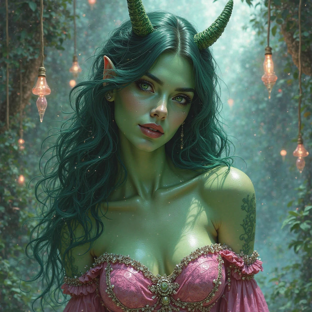 1girl, alone, (photorealistic:1.9), (photorealistic style:1.9), (hyperrealistic), (complexity). Incredible photorealistic portrait of a beautiful woman, (((1woman long green hair, curly hair, medium breasts, olive-colored eyes))) (((wings of embroidered fabric, demon horns))) (((she carries a spear as a weapon )))) (((a demonic boar companion)))eroticism, sexy, black and white image, between shadows, oil painting, chiaroscuro, sensual, dramatic lighting, moody atmosphere, photorealistic, intricate details, masterpiece, ultra-detailed, high quality, 8k, best quality, realistic, cinematic, dark and brooding, expressionistic, powerful composition, emotional impact, art inspired by Bill Sienkiewicz and Dave McKean