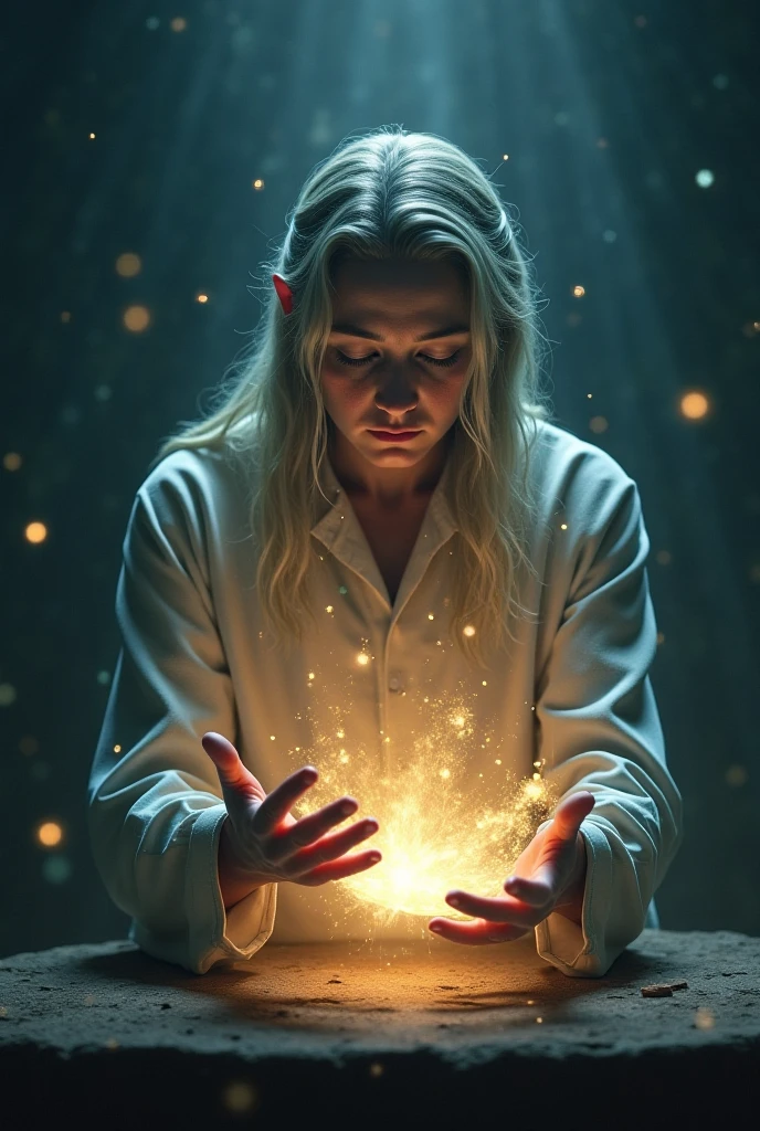 ((profile angle):2), ((look at each other)), ((look at the side):2), open mouth, (profile), (blonde girl with blue eyes in blue hoodie look at the side) ghost Buddhist monk knees praying,hands folded in a gesture of supplication, Short blonde Waves pixie hair, snub nose, Full nude Lips, many ghosts monks on background, without faces, shadows, night, jungle, smoke, fog, graphic style of novel comics, perfect hands, 2d, 8k, hyperrealism, masterpiece, high resolution, best quality, ultra-detailed, super realistic, Hyperrealistic art, high-quality, ultra high res, highest detailed, lot of details, Extremely high-resolution details, incredibly lifelike, colourful, soft cinematic light,