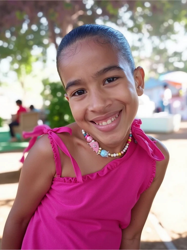 12 year old girl with medium length brown hair, children's pigtails hair, Filipine facial structure, a beautiful smile on her face and a deep look, she wearing a floral dress, bare shoulders, she in a garden, full body view