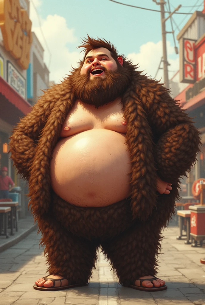 A fat man, very hairy without a shirt, with hair all over the body, smiling while skateboarding. belly hair