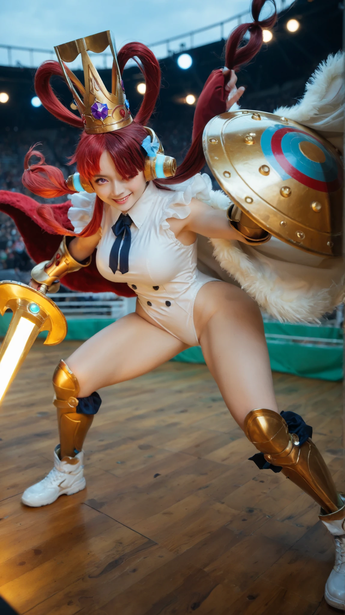 best quality, masterpiece, 1girl, aauta, long split-color twintail hair, hair rings, crown, headphones, one eye covered, purple eyes, large breasts, confident smile, red fur-trimmed cape, white collared leotard with front frills, golden armor gauntlets and leg plates, holding golden lance and round shield, battle-ready stance, standing in a combat arena under blue sky, full body, white shoes, dynamic pose, powerful and heroic look, stage setting with audience, vibrant colors, sharp shadows, anime style, cute and beautiful, 21 years old, asian, cute, beautiful, (21 years old)