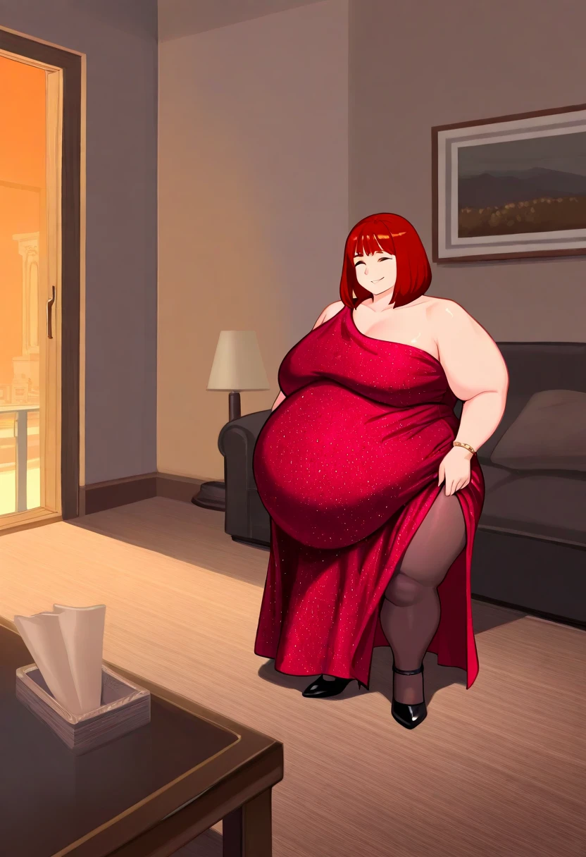 (Obese:1.3)Middle aged, mommy, hands on hips, casual pose, smiling, Full body, bedroom, looking at viewer, Short bob haircut, Windswept Messy Bob purple Hair, eyeliner, (red dress), (red lipstick), (light blue pearl necklace), cleavage, milf, mature, (purple eyes) Round face, double chin, fat chin, fat cheeks, fat neck, round face, SSBBW, flabby arms, round face, double chin, fat double chin, big double chin, fat neck, chubby cheeks, fat thighs, fat calves, morbidly obese, flabby boobs, giant boobs, large belly, obese, fat face, belly, double chin, obesity, flabby breasts, fat arms and legs, fat everything,