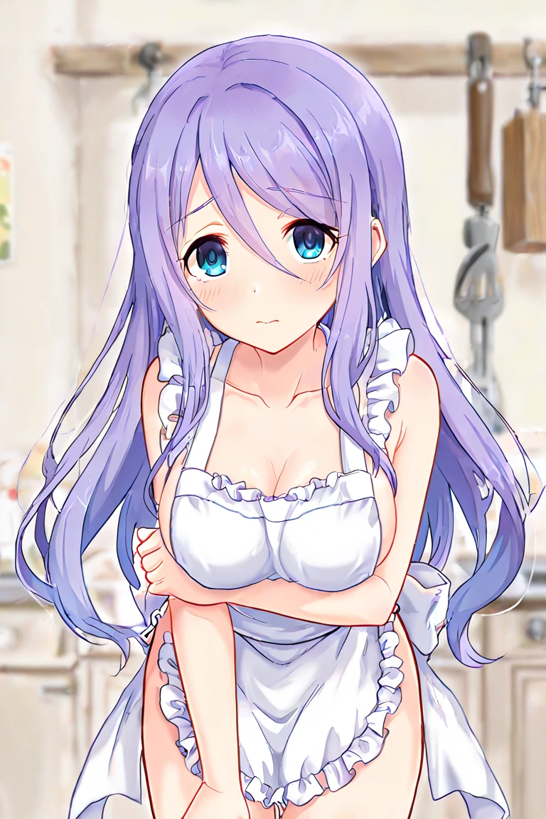 pink bow, long hair, blue eyes, double bun, purple bow, Blue Hair, Twin tails, Hair between the eyes, hair bow, eyebrows visible through hair, Highest quality, (masterpiece:1.2), Very detailed, (masterpiece), (figure),indoor, kitchen,Are standing, Upper Body,Light blue apron, face focus:1.2), face, (from the front:1.2),Stay, clavicle, Flat Chest,naked,Chocolate all over the body,