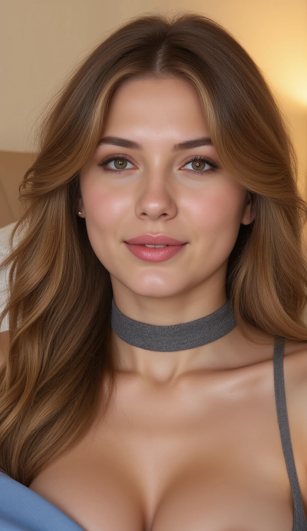 A Caucasian woman with long brunette hair is seen reclining in a relaxed pose, likely on a bed or couch. Her long brunette hair has a soft wave and is parted slightly off-center, with a few wispy bangs that frame her forehead. The voluminous strands cascade naturally over her shoulders, adding to the soft, effortless feel of the image.
She is wearing a sleeveless top, though its color and material are mostly obscured due to the framing. Around her neck is a snug-fitting, ribbed gray choker necklace, and a small stud earring is visible in her left ear.
The background suggests an indoor setting, possibly a bedroom or living area. A portion of a beige or light-colored wall can be seen in the background, and a blue fabric—perhaps part of a blanket or article of clothing—is visible in the lower right corner.
The lighting is soft and warm, likely from an indoor source such as a lamp, casting gentle shadows across her features. The light enhances the natural textures of her hair, skin, and accessories, contributing to a cozy, intimate atmosphere.
The overall mood is calm, casual, and personal, with a laid-back tone that evokes comfort and ease. The artistic style is realistic, resembling a candid close-up taken in a private space, with an emphasis on warm tones and subtle details. No nudity.