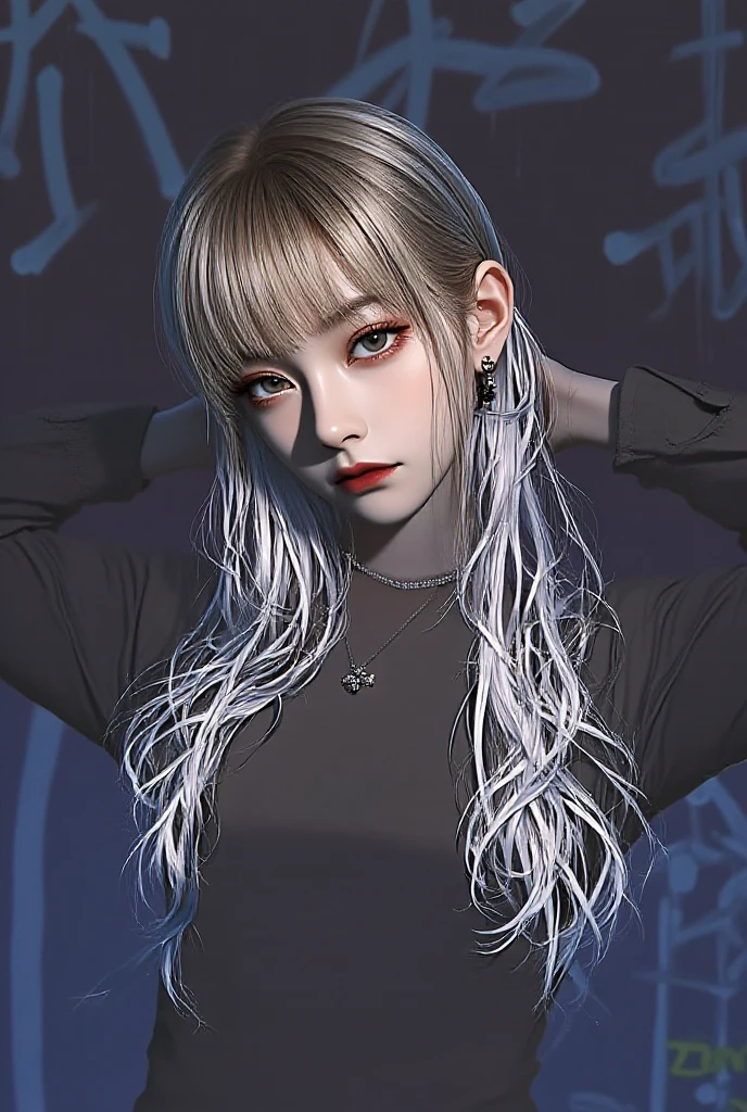 (In the darkness of the night:1.6),Surrealist portraits of women by David Hockney and Alphonse Mucha,Fantasyart,photographyrealism,动态照明,art stations,poster for,Volumetriclighting,Very detailed faces,4K'',Award-Awarded,,1 busty girl,In the dark night,deepshadow,low pitch,Denim lenses,(official outfit:1.4),Long gray hair,White hair,Exhibited,