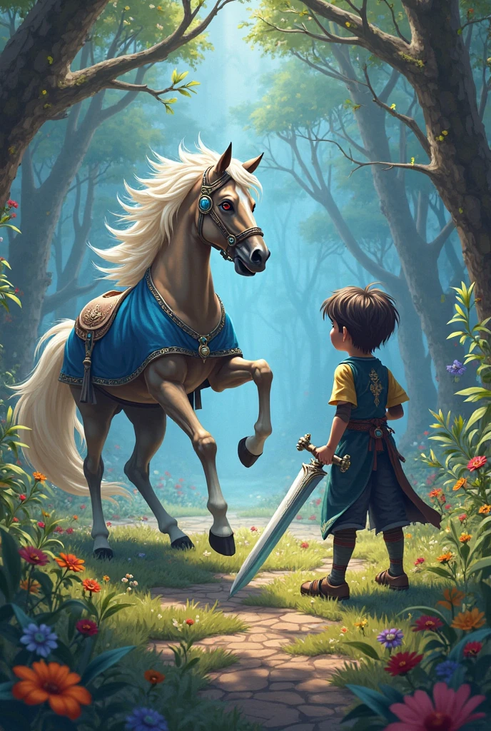 One small boy and he with blue horse and he wearing red cloth and black snake on his neck