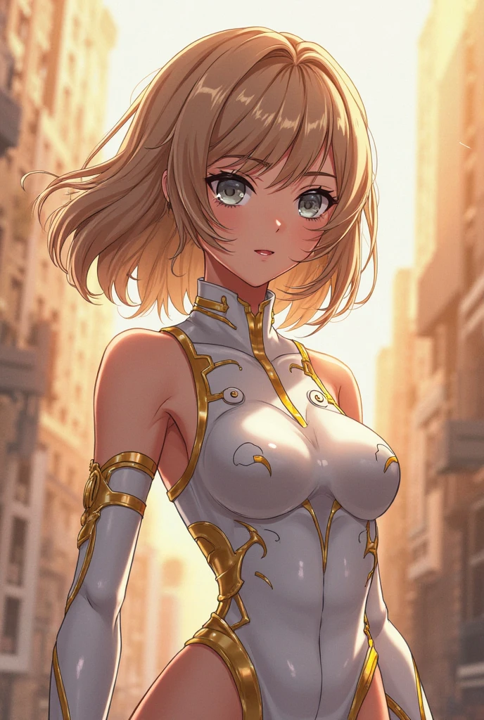 highest quality、Realistic、Women、14 years old、zoom、Light orange eyes、Blonde short wavy hair、Tempered body、Hero Suit、Glossy white bodysuit、Blue and gold accents、slender、Dark Skin、Large Breasts、Rooftop、An inappropriate smile、Bust Shot、