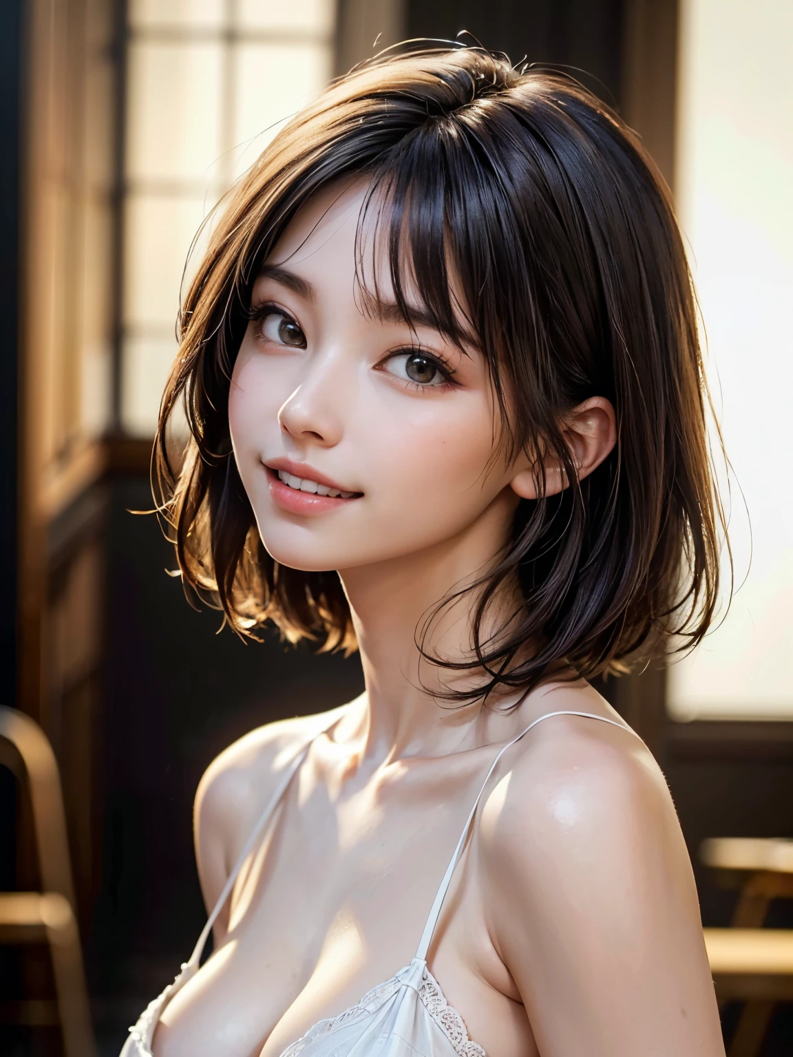 Best quality, masterpiece, ultra high res, (photorealistic:1.5), raw photo, 1girl, offshoulder, in the dark, deep shadow, low key, cold light, sexy look, short hair