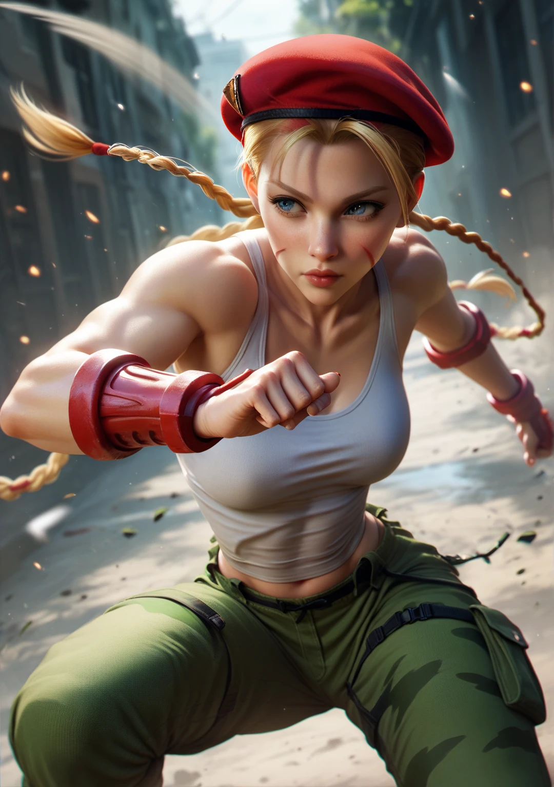 CAMMY(Blue smoke around the body, black background:1.4)
Epic CG masterpiece, from Capcom game Street Fighter, cammy, Cammy White (character name), red beret, camouflage face paint, confident smile, legendary fighting, skills, martial arts expert,lightning kick, spinning bird kick,
