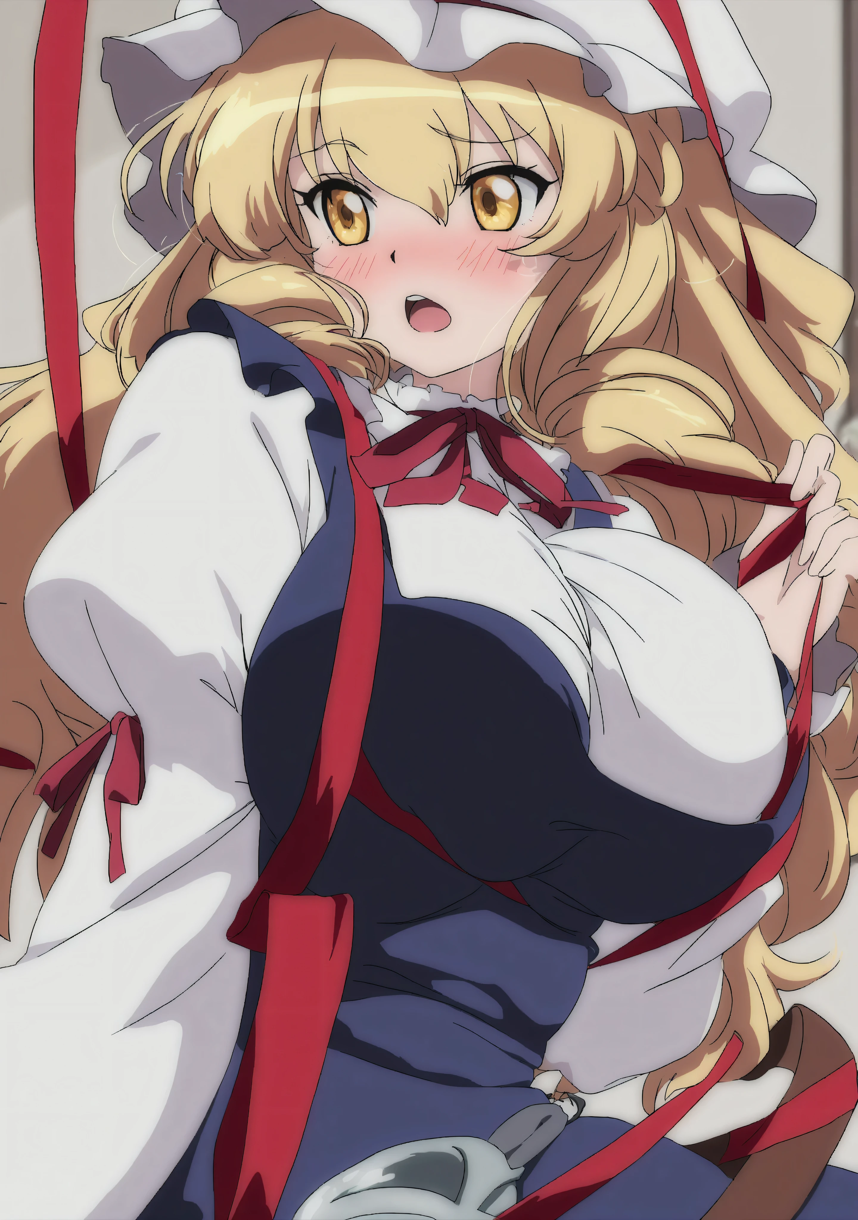 masterpiece,best quality,anime coloring, 1girl, Long Hair, Blush, Open Mouth, golden eyes, Long, flowing, sandy blonde hair and golden eyes. Wears a dark blue dress with a strap on the left over a white long-sleeved blouse, a loose belt with a gold mirror-shaped buckle, and a white bonnet with a red ribbon on it, huge breast Breasts, Large breasts, Blush, looking to the side