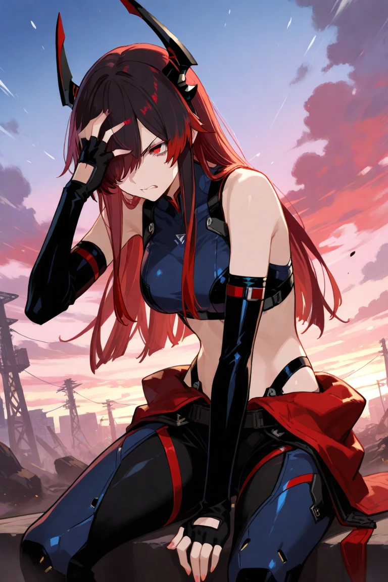 Lucy \(cyberpunk\), 1girl, Parte superior del cuerpo, Brazo en alto, asymmetric hair, beltt, ????????, boca cubierta, Ombligo cubierto, Mangas separadas, ojos grises, viento de cadera, tenencia, Sosteniendo un arma, Mirando al espectador, Noche, cielo nocturno, bolsa, pelo corto, Cielo, solamente, arma,cana, alambre, pantalones cortos, shorts, Chaqueta abierta ,(delineador de ojos rojo:1.2), (labios rojos:0.8)