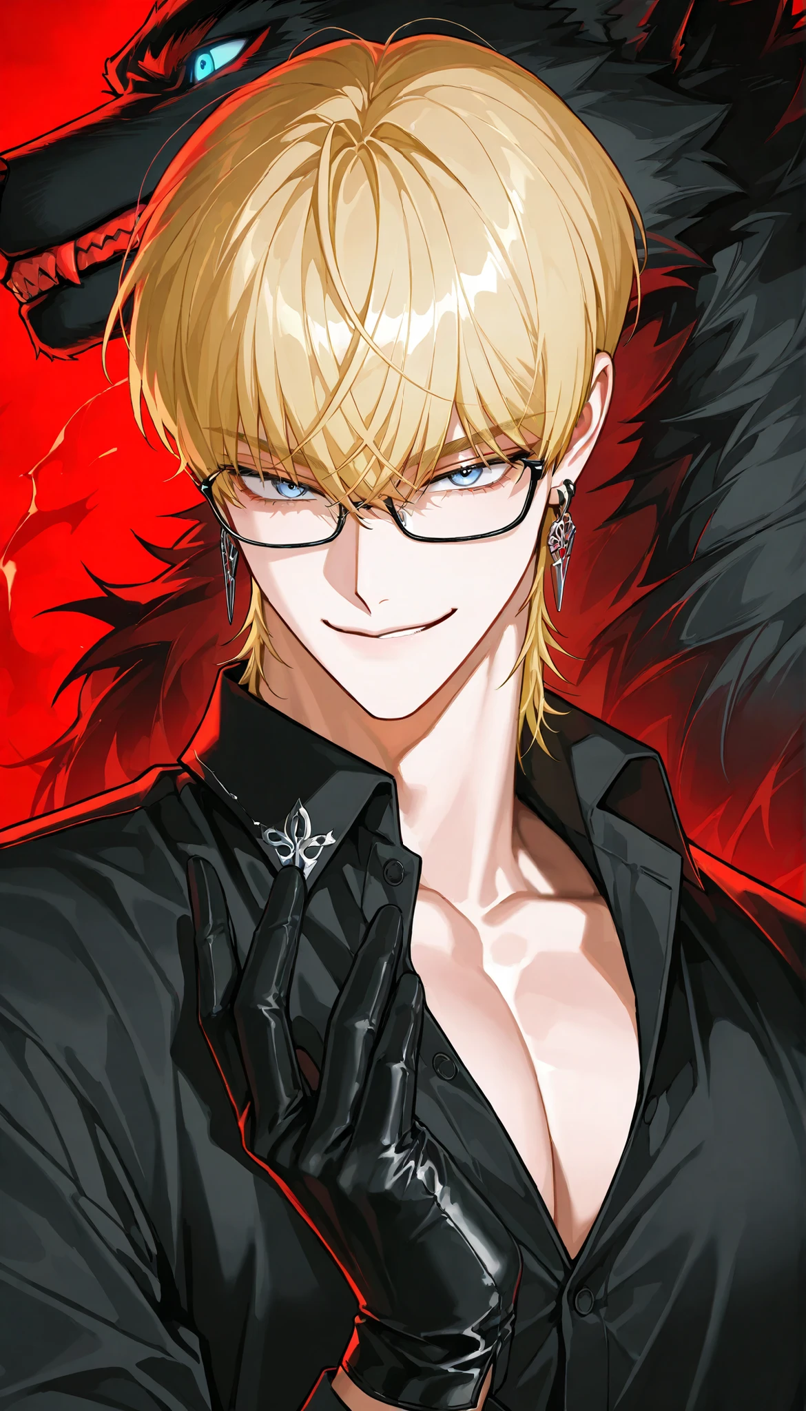 4k , 8k, ((1 adult male, wolf cut hair, blond hair with blue eyes)) , novel , manhwa , handsome man , very details , hair details , very anime eyes details  , ตรงตามกายวิภาคมนุษย์ ,ร่างกายสมส่วน , anime eyes , half body focus , good figured , with black dress shirt some earrings , red neon background , ((he is 45 years old)) , medium shot , smile , only 1 male, gloves, glasses, sinister, smirk, evil