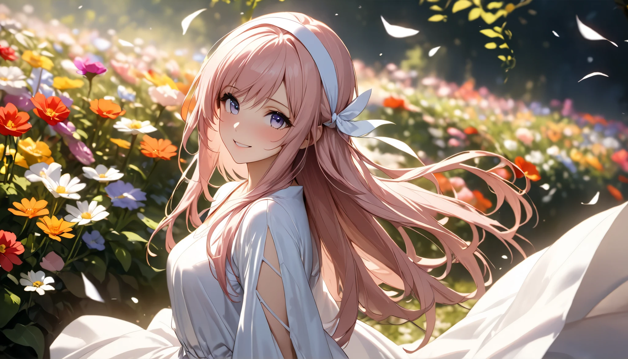  HD , masterpiece, Anatomically,accurate, top quality, HD model, High detail,  Underexposed clothes、Japanese anime、(((1girl ,solo,long hair, adult woman)))、light pink hair, HD, (((anatomically accurate:1.5))), top quality, textured skin, shiny hair,Very beautiful eyes、 Hair dancing in the wind, (Long),SLENDER BODY、movie scene、portrait、(upper body),(((frontal face:1.5)))、White headband on head、white dress、Long Skirt、(She's in the Flower Garden)、Lots of Beautiful Flowers、colorful flowers、smile,(((The subject is smaller than the surrounding flowers:1.4))),panoramic composition、(((cowboy shot:1.5)))