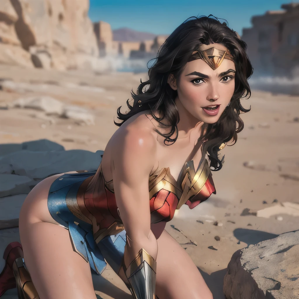 wonderwoman, long long gorgeous shining black hair, ((A rough rope is wrapped around the body Tighten up)), latex, leotard, golden wonderwoman costume, captured, shibari, static restrained, ((arms behind back)), chained, rope bind, cruelly, painful, helpless, humiliating, regrettable, being whipped, screaming in pain, Sweating, screaming, eyes closed, choker, whipping tortured in hot dun, ((Desert under the scorching sun, the sun shines}), Bondage
