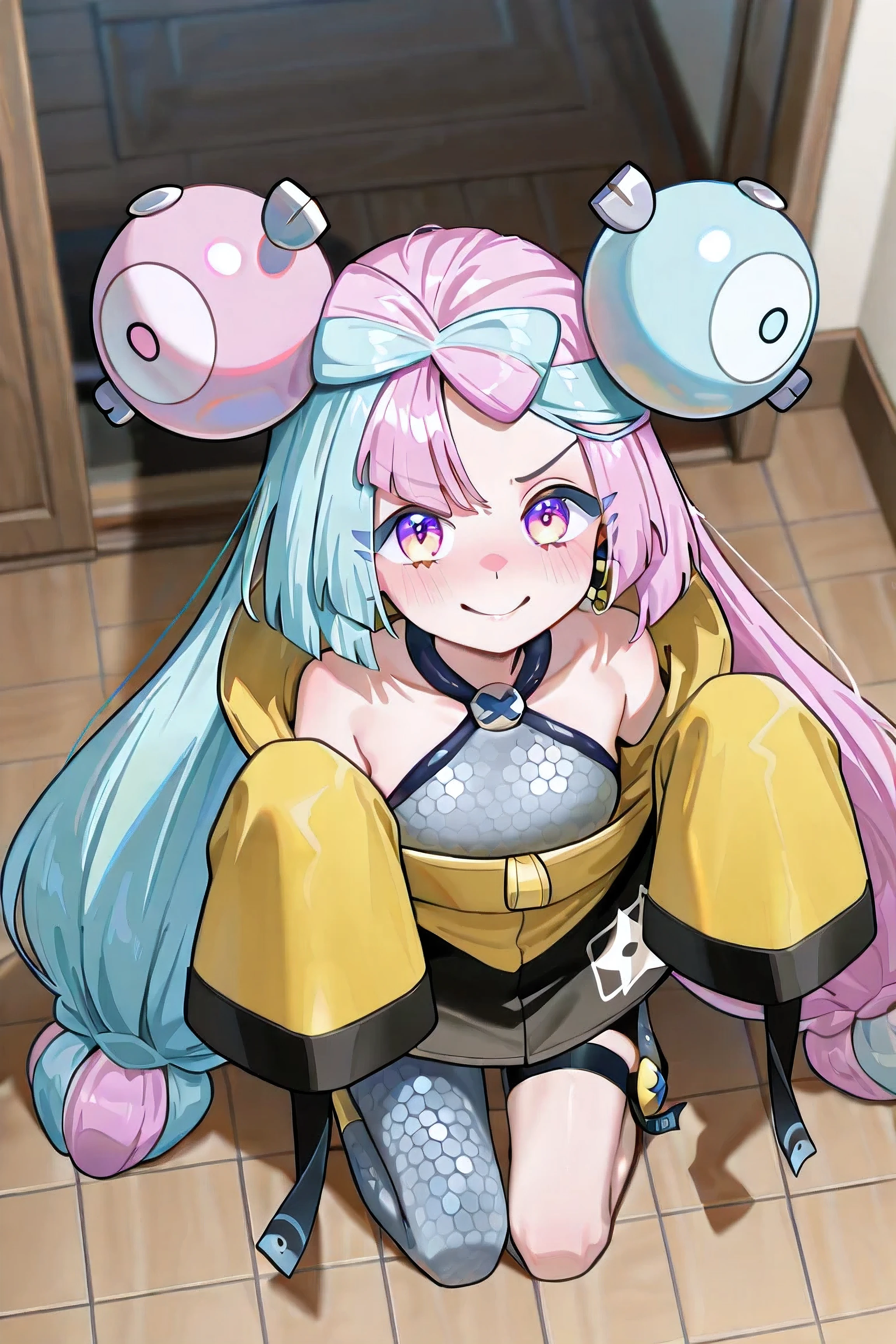 Iono (Pokémon Scarlet and Violet), young girl, ((((Just 1 Iono)))), medium bikini, very long hair, twintails, bicolor hair, light blue and pink hair, two-toned eyes, pink and blue eyes, ((Pidona expression)), shy smile, flushed cheeks earings, extremely detailed face, Anime clothing/jogo, cheomgsam gray checkerboard, oversized yellow jacket, very long sleeves , short black short, pantyhose on just one leg, extremely detailed clothing, inside the house, seen from above, kneeling on the floor, hands raised at chest height, imitating a puppy , in front of the spectator, 4K, Best Quality, obra-prima.