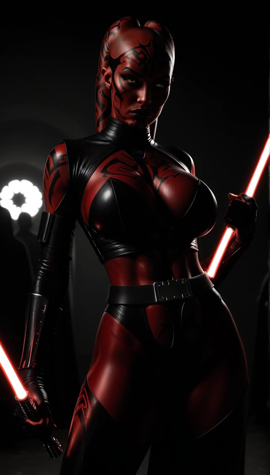 A girl, Sith Lord, red skin, fit body, sexy body, holding one red light saber in her hand, wearing a black crop top with a hood, underboob, black skirt, darth talon:0.8, at the starship, Star Wars, j j abrams, photorealistic, sharp focus, depth of field, vogue magazine, fashion photo, cinematic lighting, rim light, cozy:1.2, neon