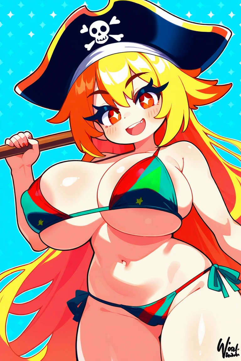 a cartoon image of an anime girl with big tits and a bikini, 1girl, kitagawa marin, swimsuit, bikini, blonde hair, solo, black bikini, long hair, floral print, breasts, print bikini, barefoot, jewelry, feet, soles, piercing, choker, open mouth, navel, necklace, earrings,Marin Kitagawa ,Ichigo Hoshimiya (Aikatsu!),lol_i