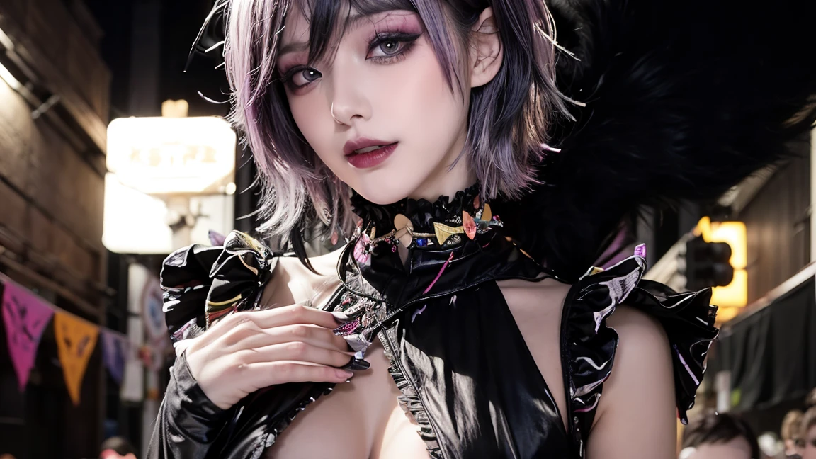 goth, bedhead, color:spectrum, excited, bright rainbow hair, pale skin, smoky eyes, vivid colors, braless, holding breasts, topless, dark bedroom, nighttime, punk rock hairstyle, ruffle trim, short hair, long sleeves, black lips