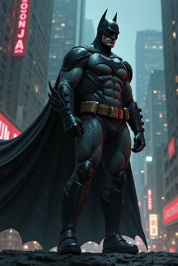 Batman character from the back (uniforme baseado em Batman Arkham City) on top of a building looking at Gotham City in front of you.