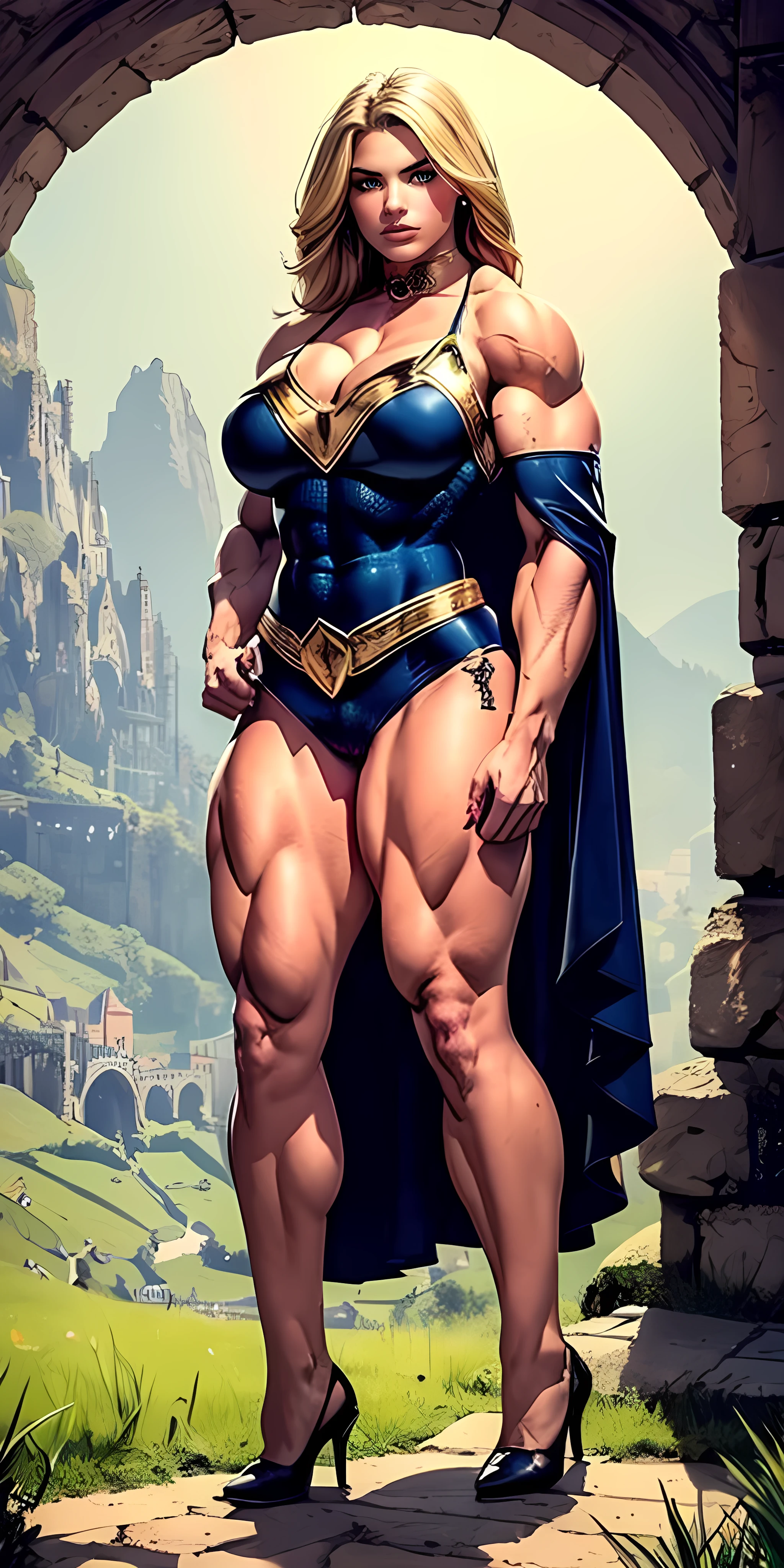 "An absolute masterpiece with the highest quality, featuring a magnificent bronze skinned female character striking a heroic pose while standing boldly on a cliff, exuding confidence and power, and showcasing a charming and chubby physique."
