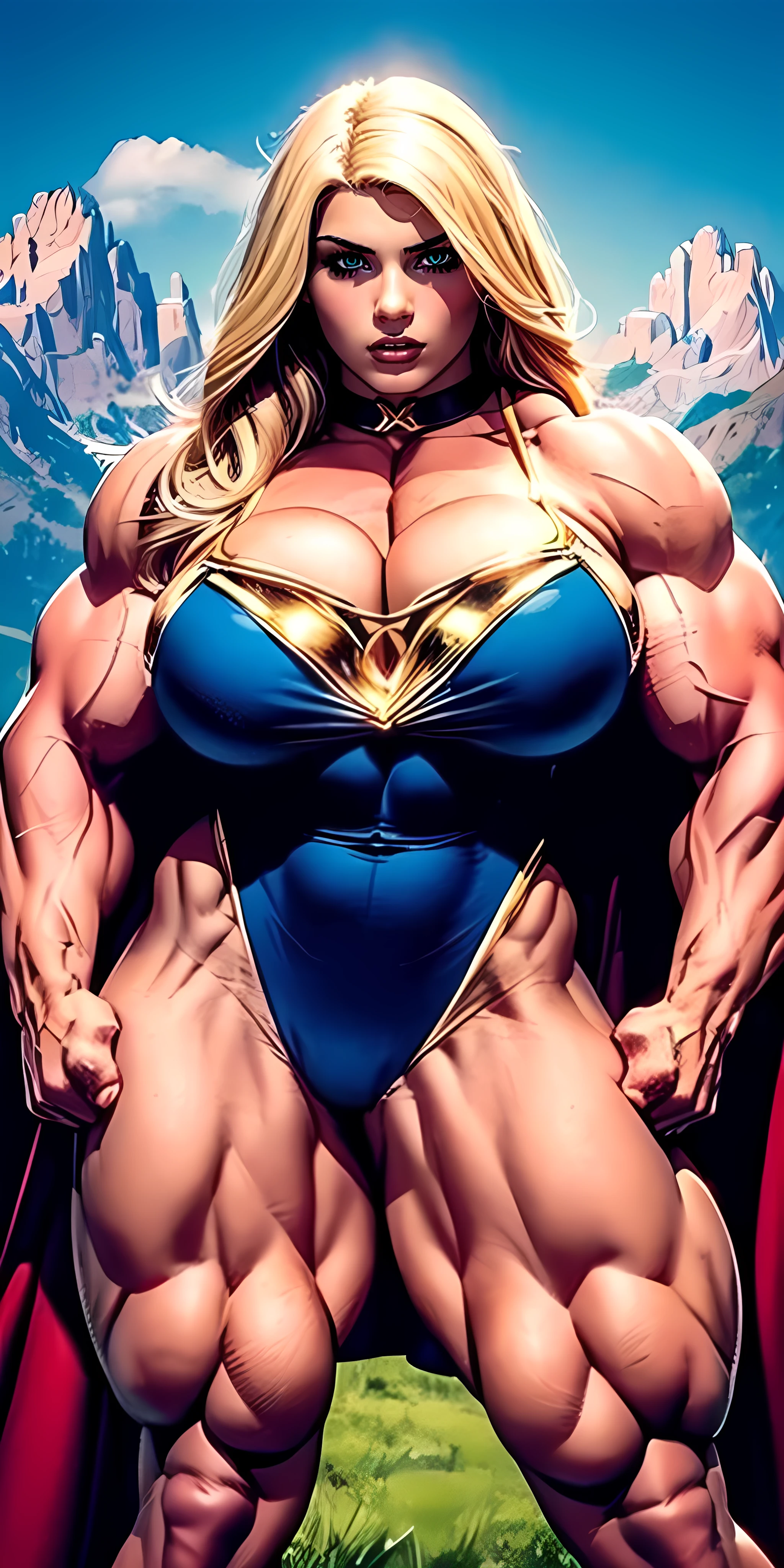 Masterpiece, ((330 lb)), the beauty of a goddess, enhancer image, ultra-detailed face, ((8 0 s art Marvel comic book cover:1.3)), ((front view)), blonde, ((elegant 80s style volumous hair)), vintagepr0n, ((fringe)), caucasian, ((sex seductive look)), ((Thor from Avengers)), ((detailed thor helmet)), cape, ((glossy skin)), 8 0 s atmosphere, ((oiled skin)), ((smiling)), ((MASSIVE MUSCLES)), ((RIPPED)), sweating, stunning, smooth, ((eyeliner)), simetric, ((wide hips)), ((hourglass waist)), perfect proportions, red lips, cleavage, ultra realistic, ((pubic hair)), thick, cinematic light, speech ballon, ((comic book panel background))
