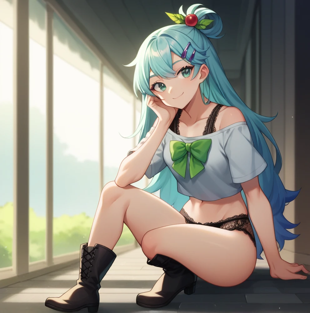 master piece、Highest image quality、highest quality、ultra detail、((embarrassed expression))、(tears)、glossy hair quality、((light green hair color))、Super detailed and beautiful bright eyes、Super detailed clear and beautiful face、((((Kusanagi Nin々))))、(cute illustration:1.2)、(((cute underwear)))、((Girl having her skirt taken off))、High-resolution, ultra-detailed, best quality、forced to spread legs, award winning, anatomically correct