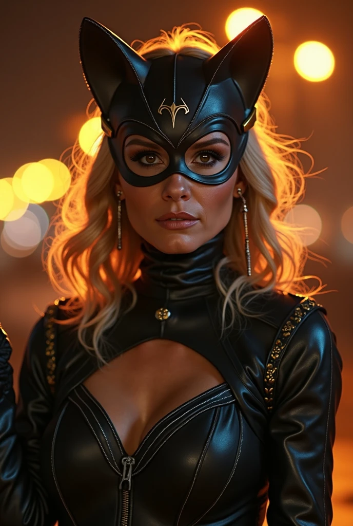 Scarlett Johansson de lingerie transparente, Catwoman Mask, and a black dildo, with the ass facing the camera