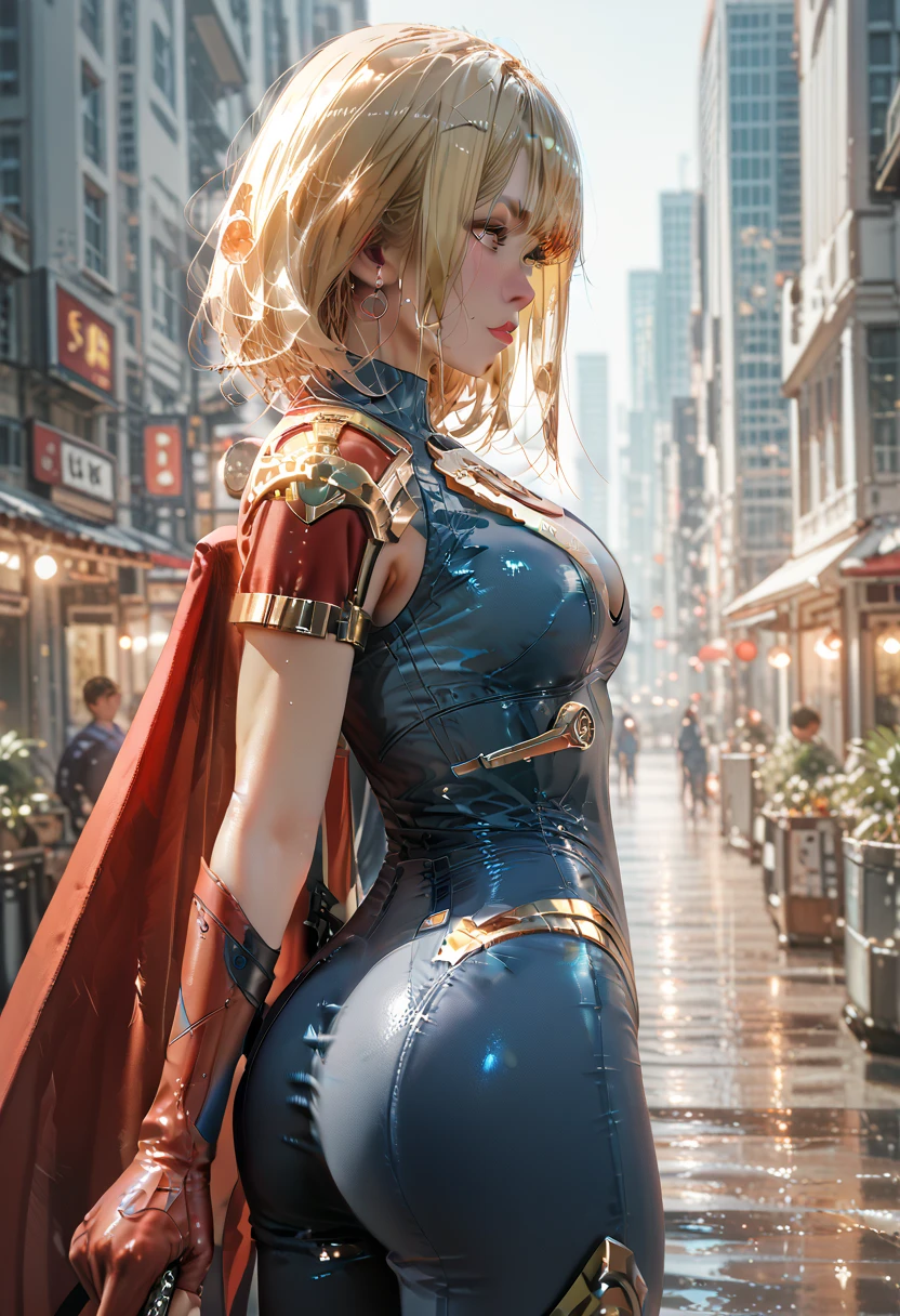 Russian blonde beauty，20yr old，huge tit，Tight china clothes，Stick your right hand forward and emit a blue laser beam，Destroy buildings，Pile of rubble，battle field，Masterpiece，high-detail，perfect-composition，face perfect，perfect bodies，the golden ratio，8K